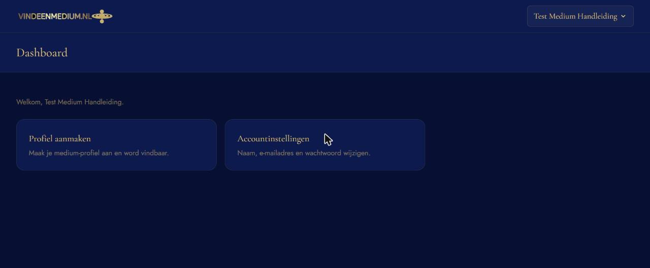 Dashboard met de tegels Profiel aanmaken en Accountinstellingen