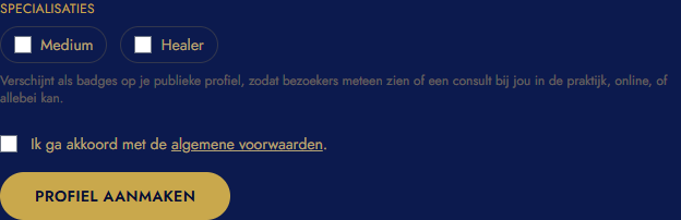 Vinkje "Ik ga akkoord met de algemene voorwaarden" met klikbare link, en de knop Profiel aanmaken