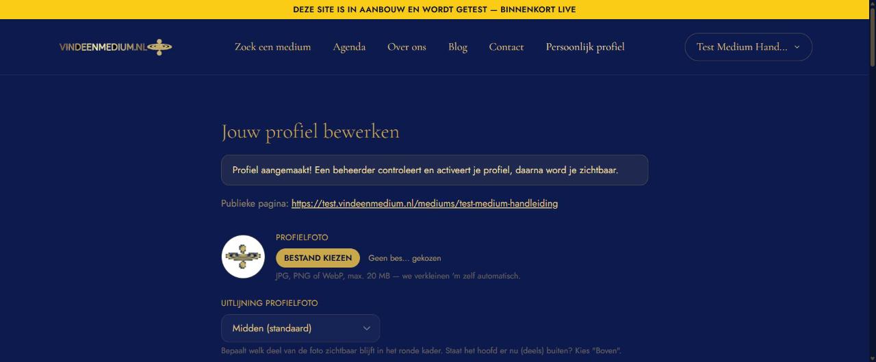 Bevestiging dat het profiel is aangemaakt, met de melding dat een beheerder het nog moet controleren